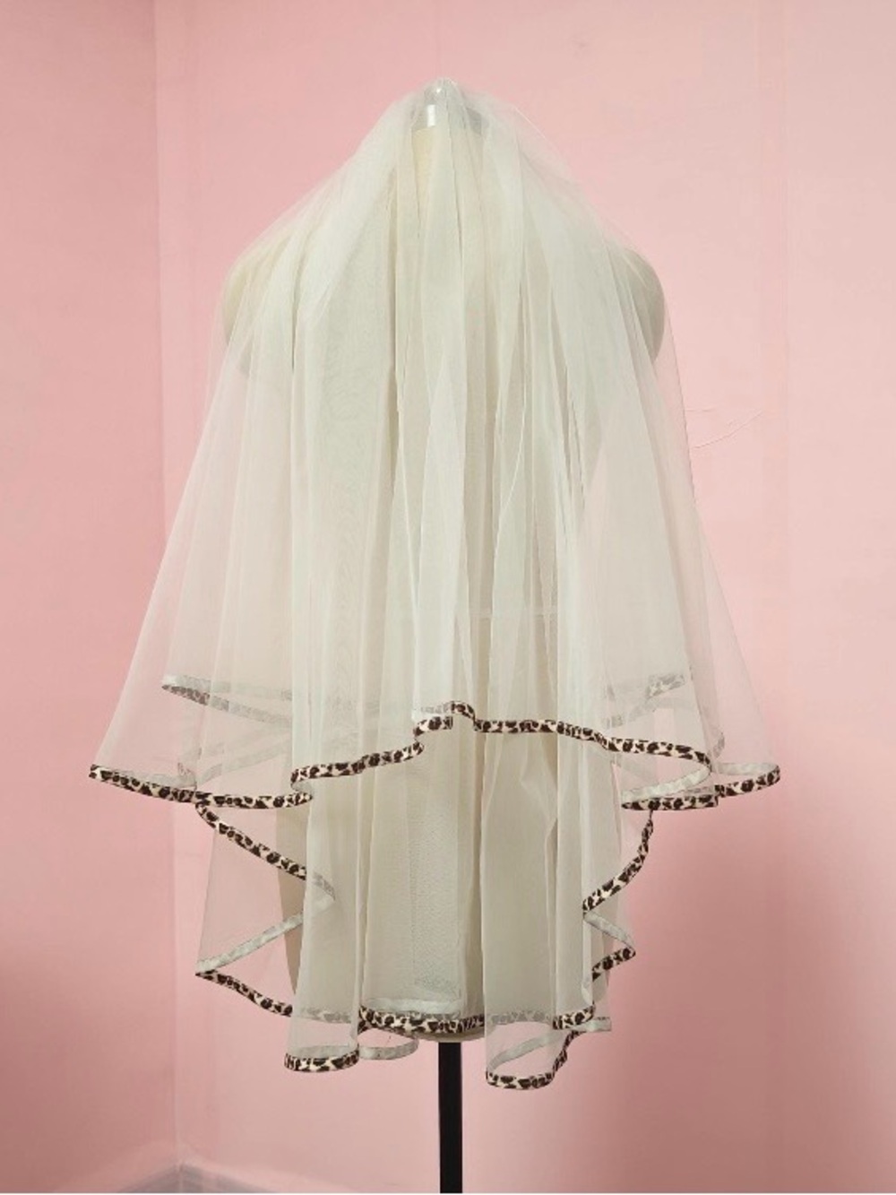 White Bridal Veil with Leopard Trim